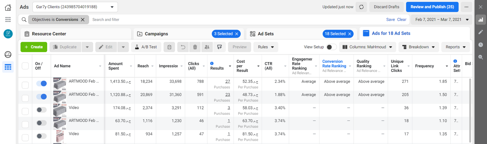 Artmood case study: Conversion campaigns, Feb 2022, values redacted.
