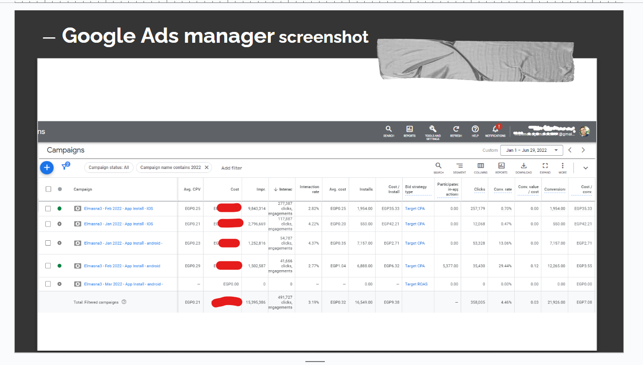 bringy case study: Google Ads Manager view used in the weekly review.