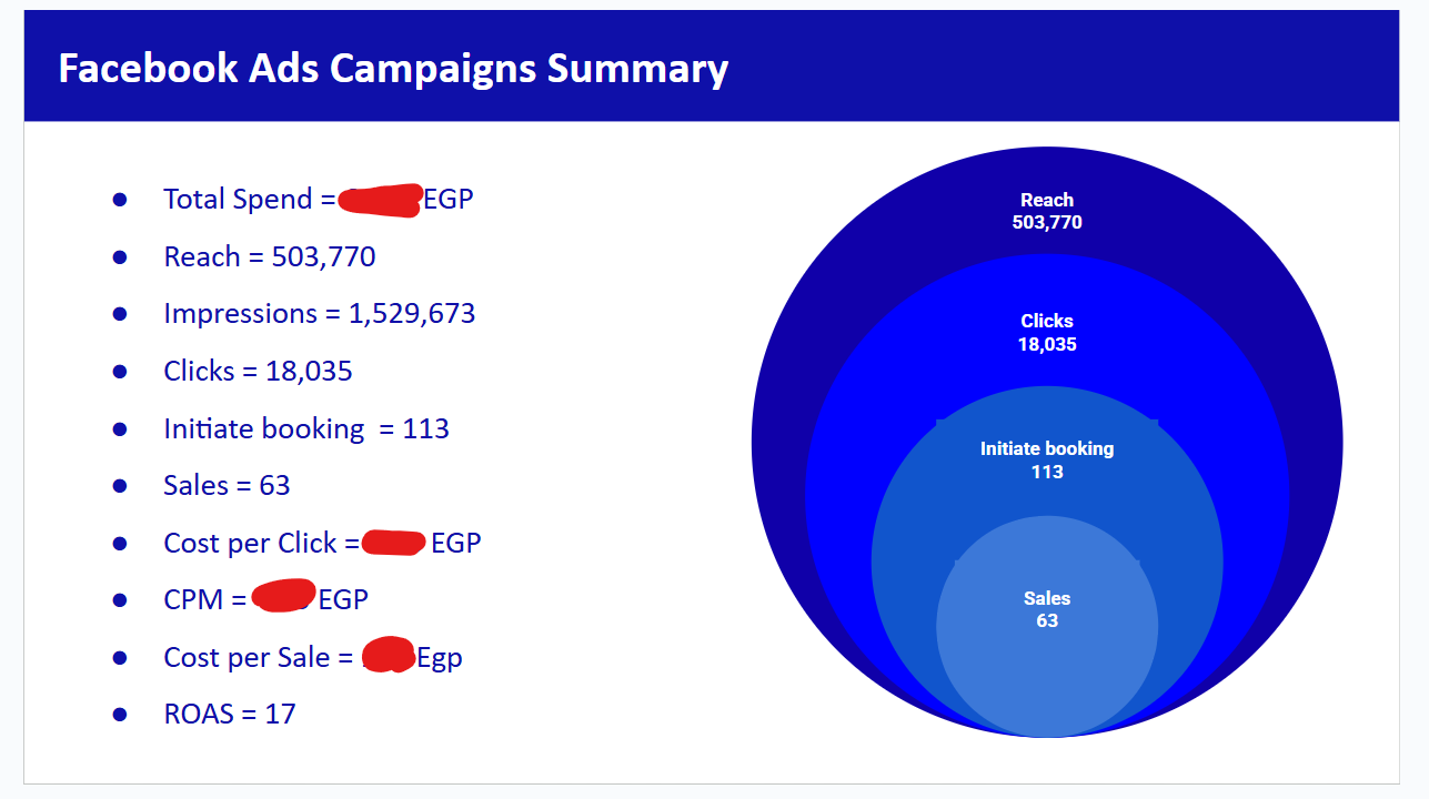 Direxiona  case study: Facebook Ads campaign summary for the period: reach, impressions, clicks and sales, with spend reda...