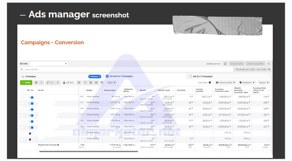 Helal and Negma case study: Ads Manager conversions campaign view, values redacted.