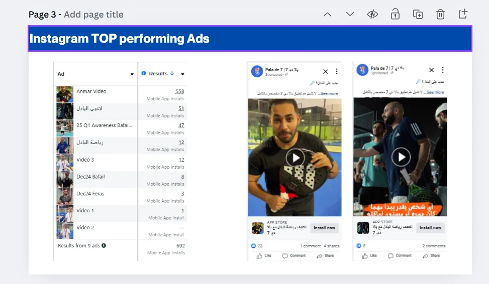 Pala De 7 case study: Top-performing Instagram ads in the period: influencer-led vertical video on court.