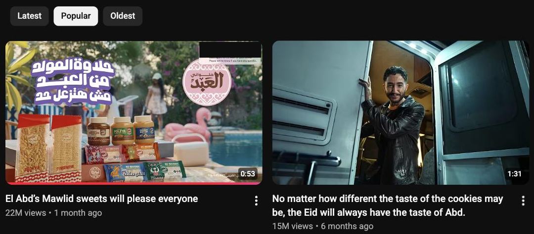 El Abd Patisserie case study: ElAbd Patisserie on YouTube, the Videos tab sorted by Popular, captured 11 September 2026: t...