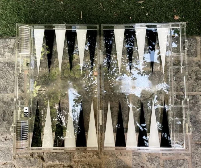 Clear acrylic tawla, open, seen from above